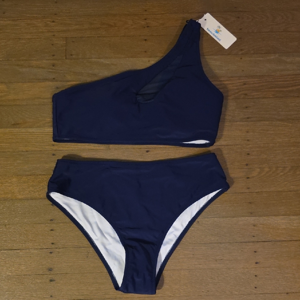 Beachsassi Chic- One-Shoulder With Mesh Detail Navy Bikini Set- Size Medium NEW